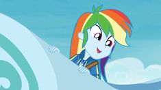 the rainbow - haired pony is looking at something in the sky