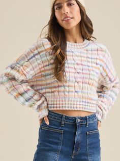 Crafted with intricate cable details, this multicolor sweater seamlessly combines style and comfort. The striking space-dye stripes create a bold visual impact, making it a standout choice for any occasion. Multi Color Sweater, Young Adult Fashion, Multicolor Sweater, Color Sweater, Altar'd State, Christmas Dress, Pic Ideas, Cropped Sweater, Colorful Sweaters