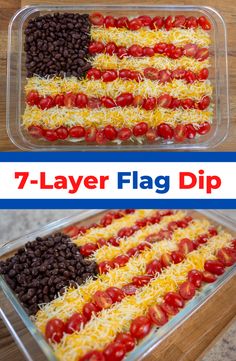 an american flag made out of tomatoes and black beans is shown in two plastic trays