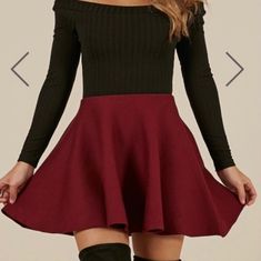 Burgundy Skater Skirt Nwt Maroon Skirt Outfit, Cordoroy Skirt, Red Skirt Outfits, Skater Skirt Outfit, Riverdale Fashion, Maroon Skirt, Patchwork Denim Skirt, Distressed Skirt, Cute Lazy Day Outfits