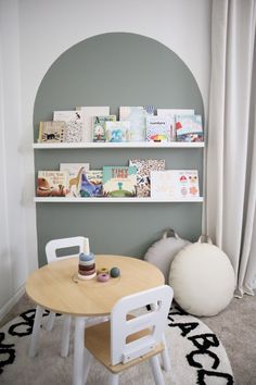 a table and chairs in a room with bookshelves on the wall behind them