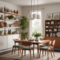 a dining room table surrounded by shelves and potted plants