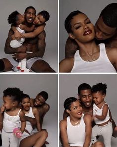 four different shots of a man and woman hugging each other with their baby in his arms