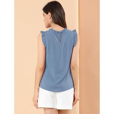 The ruffled sleeveless design would show demure, feminine grace, and also lend shape and texture. Crafted from a lightweight material, it is shaped with an elegant crew neckline, and pleat detailing, and comes in a relaxed cut for easy, breezy wear. This vintage blouse is designed with ruffled trim and solid color, especially for a professional look at work. Office Vintage, 1950s Retro, Vintage Blouse, Women's Blouses, Easy Breezy, Professional Look, Work Blouse, Blouse Vintage, Blue Blouse