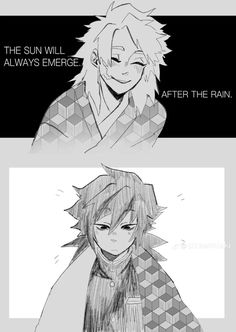 two anime characters with different expressions, one saying the sun will always emerge after the rain