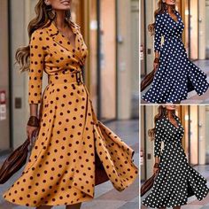 Material:95% Polyester+5% Spandex Office Dress, Long Skirts For Women, Pretty Clothes, Office Dresses, Dress With Belt, Polka Dress, Long Sleeve Midi, Unique Dresses, Bohemian Dress