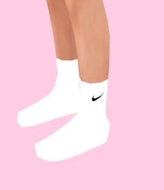 the legs and feet of a woman wearing white socks with black nike logo on them