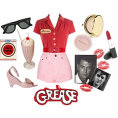 a woman's clothing and accessories are arranged on a white background with the words grease written in red