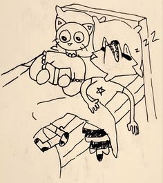 a black and white drawing of a cat laying on a bed next to another cat