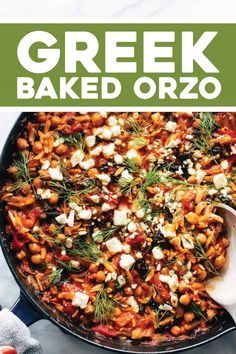 a pan filled with baked orzo and topped with feta cheese