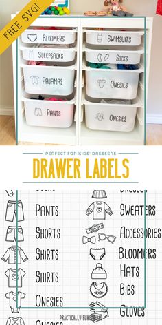 the instructions for how to use drawer labels in an organized closet and organize them with plastic bins