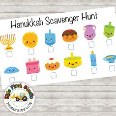 the hanukkah scavenger hunt is shown on a wooden table with a white