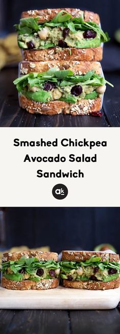 three sandwiches stacked on top of each other with the words smashed chickpea avocado salad sandwich