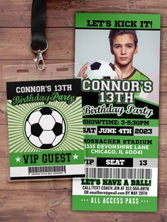 an image of a soccer party ticket with name tag and lanyard attached to it