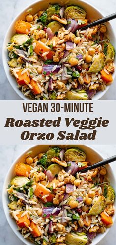 two bowls filled with roasted veggies next to each other and the words vegan 30 - minute roasted veggie orzo salad