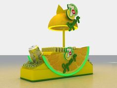 a 3d rendering of a fruit stand with oranges and soda cans on it's display