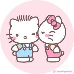 an image of two hello kitty characters kissing each other's forehead in front of a pink background