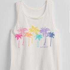 Gap Kids Graphic Tank Nwt Size 8 Kids Medium Girls Summer Top Multi Color Shirt Rainbow Tank Kids Girls Shirt Spring Summer Graphic Tee Graphic T-Shirt Palm Tree Vacation Eazy Breezy School Clothes New With Tags Little Girls Clothes Gap Cotton Tops For Summer, White Gap Tops With Graphic Print, Gap White Graphic Print Top, White Graphic Print Top By Gap, White Graphic Print Tops By Gap, Cute White Sleeveless T-shirt, Playful Gap Summer Tops, Playful Gap Tops For Summer, Playful Summer Tops By Gap