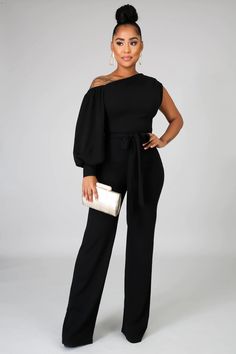 Keep it fresh in this fun design jumpsuit, sure to turn heads. Single Bubble Sleeve Center Back Zipper Self-Tie Belt Straight Legs Stretchy Inseam: 34.5" Approx. Fabric: 97% Poly / 5% Spandex Semi Formal Outfits For Women, Reunion Outfit, Black Jumpsuits, Cold Shoulder Jumpsuit, Classy Jumpsuit, Semi Formal Outfits, Black Attire, Outfits Dressy, Jumpsuit Dressy