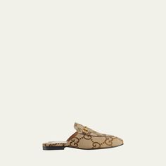 Gucci "Princetown" logo monogram canvas loafer mules Flat heel Round apron toe Golden metal bit strap at notched vamp Slide style Leather outsole Made in Italy Gucci Mules For Workwear With Round Toe, Gucci Mules For Work, Gucci Luxury Mules For Work, Chic Gucci Mules For Workwear, Gucci Mules With Horsebit Detail, Round Toe, Classic Gucci Mules With Horsebit Detail, Chic Gucci Mules With Horsebit Detail, Elegant Gucci Mules With Horsebit Detail, Gucci Brown Loafers With Horsebit Detail