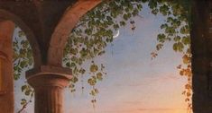 an oil painting of the setting sun in a courtyard