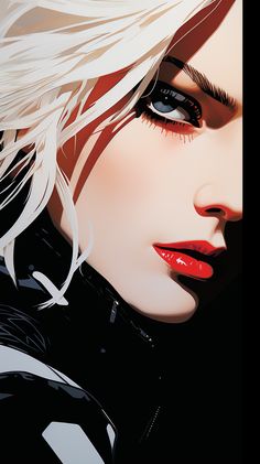 a woman with long white hair and black makeup is shown in this digital painting style