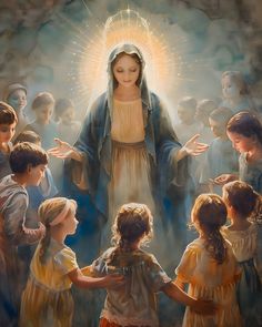 a painting of the virgin mary surrounded by children in front of an image of jesus