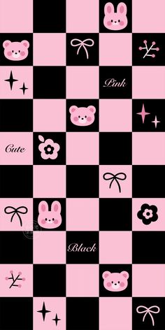 a pink and black checkered pattern with teddy bears