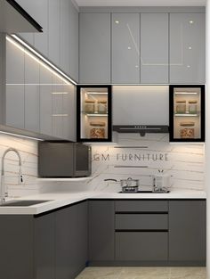 a modern kitchen with grey cabinets and white counter tops is seen in this rendering image