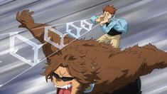 an animated image of a man riding on the back of a big furry animal with his mouth open