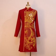 Red Hand Painted Dragon Vietnamese Ao Dai for men SizeChestWaist 4438in/97cm36in/91cm 4640in/102cm38in/97cm 4842in/107cm40in/102cm 5044in/112cm42in/107cm 5246in/117cm44in/112cm 5448in/122cm46in/117cm 5650in/127cm48in/122cm 5851in/130cm49in/124cm 6052in/132cm50in/127cm https://aodaiminhphat.etsy.com Return and Exchange Policy: Exchange for same color and design is accepted if return item is received within 7 days of delivery.  Customer is responsible for shipping charges both ways.   Return for r Traditional Red Winter Dress, Red Embroidered Winter Dress, Winter Embroidered Red Dresses, Traditional Red Fall Dresses, Red Ao Dai, Ao Dai Vietnamese, Vietnamese Men, Mens Wedding Suits, Painted Dragon