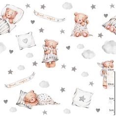 a watercolor pattern with teddy bears sleeping on pillows and stars in the sky above them