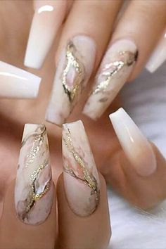 French Ombre Coffin Fake Nails with Gold Marble Effects Ongles Beiges, Long Acrylic Nails