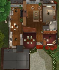 an aerial view of a house with lots of furniture