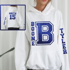 Custom Bella Canvas spirit wear hoodies | Personalized sports spirit wear with name on sleeve and name and number on the back by KASPDesign on Etsy Varsity Design, Recycled T Shirts, Miscellaneous Items, Spirit Wear, Proud Mom, Comfort Colors Tee, First Name, Lounge Pants, Team Colors