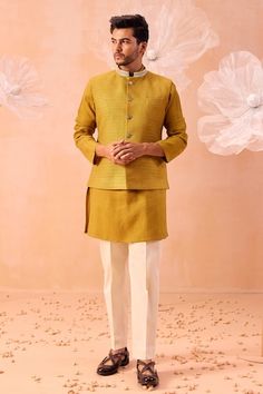 Mustard Nehru jacket featuring dori hand embroidery all over with pearl and cutdana detailed neckline. Paired with a textured kurta and a white pant. - Aza Fashions Cutdana Work, Modern Mens Fashion, Indian Men Fashion, Vacuum Storage, Indian Wedding Wear, Indian Man, Nehru Jackets, Yellow Top, India Fashion