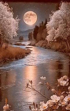 an image of a river with flowers in the foreground and a full moon in the background