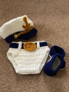 Crochet Baby Sailor/Captain Costume---Made to Order Great for Newborn photos, shower gifts, baby milestone photos   Set Includes; Diaper cover, shoes, and sailor hat All sizes are available: Newborn  0-3 months 3-6 months 6-9 months 9-12 months Made in a smoke free/pet free home Custom Orders Always Welcome Fitted White Diaper Cover For First Birthday, Nautical Photoshoot, Sailor Captain, Captain Costume, Sailor Outfit, Outfit Baby Boy, Baby Milestone Photos, Milestone Photos, Baby Costume