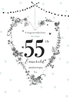 an anniversary card with the number 55 on it and flowers in the shape of a heart