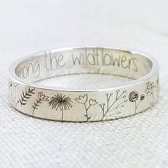 Such A Cute, Vintage Style, Artistic Ring! It Is Stamped 925 And Has Various Dainty Wildflowers Etched Around The Front. Stamped 925 But I Would Say Silver Plated To Be Safe. The Inside If The Ring Is Engraved With “ You Belong Among The Wildflowers.” Such A Fun And Unique Ring! Size 8 Slight Blemish On Base Of Ring( See Photo) This Is Already Reflected In The Price Bohemian, Boho Chic, Nature, Summer, Spring, Wedding, Anniversary, Love, Gift, Bereavement, Hippie, Gypsy, Cottage Core, Shabby Chi Fancy Accessories, Carved Ring, Rings For Girls, Timeless Jewelry, Rings Simple, Flower Ring, Types Of Rings, Mardi Gras