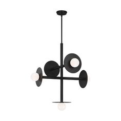 a black chandelier with four lights hanging from it's center and three circular shades