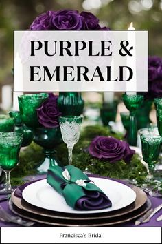 purple and emerald table setting with white plates, green napkins and wine glasses on top