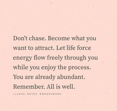 a quote that says don't chase become what you want to attract let life force energy