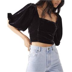 Nwt Free People Marie Velour Velvet Crop Puff Sleeve Tie Back Top S Velvet Tops Outfit, Black Velvet Top, Sassy Dress, Free People Velvet, Exaggerated Sleeves, Going Out Shirts, Velvet Crop Top, Open Back Top, Velvet Top