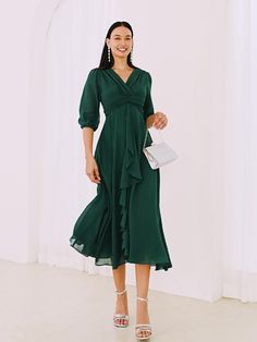 Season:Summer,Fall,Spring; Fabric:Chiffon; Sleeve Length:3/4 Length Sleeve; Gender:Women's; Style:Formal,Elegant; Occasion:Party,Wedding Guest; Fit Type:Regular Fit; Dresses Type:A Line Dress; Pattern:Solid Color,Plain; Design:Ruffle,Twisted; Neckline:V Neck; Sleeve Type:Flared Sleeve; Brand:Shall We; Listing Date:07/01/2024; Bust:null; Length:null; Sleeve:null; Waist:null; Fit US Size:null; Fit UK Size:null; Fit EU Size:null; Dress Length Type:Maxi Dress; Print Type:non-printing Wedding Guest Cocktail Dress, Maxi Dress V Neck, Cheap Formal Dresses, Women's A Line Dresses, A Line Maxi Dress, Dark Green Color, Womens Prom Dresses, Plain Dress, Dress Chiffon