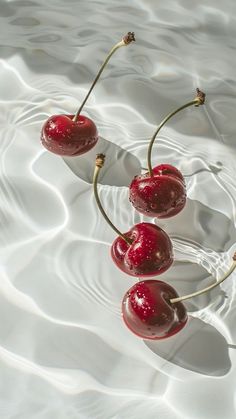 three cherries floating on top of the water