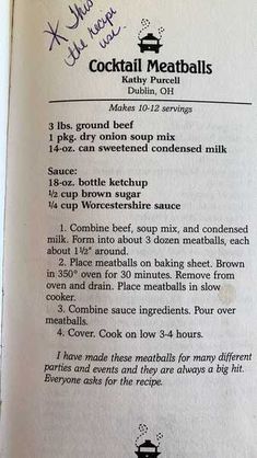 an open book with instructions on how to make cocktail meatballs