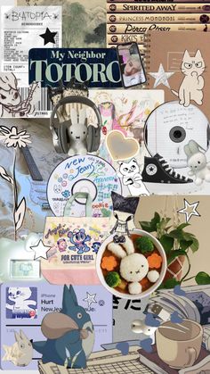 a collage of photos with various items in them and the words my neighbor totoro on it