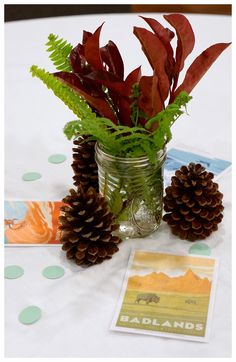 some pine cones are sitting on a table with plants in a mason jar next to them