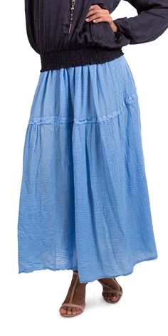 This beautiful cotton skirt makes a perfect swimsuit cover up for your next beach vacation. It's super soft and fits very well. 100% Cotton Model is 5'8 Made in Italy One Size Spring Beach Maxi Skirt With Lining, Breezy Vacation Maxi Skirt With Elastic Waistband, Breezy Maxi Skirt With Elastic Waistband For Vacation, Blue Bottoms For Beach Cover-up In Beach Season, Flowy Tiered Maxi Skirt For Beach, Summer Long Skirt With Relaxed Fit, Relaxed Fit Long Skirt For Summer, Cotton Beachwear Cover-up For Day Out, Summer Beach Maxi Skirt With Elastic Waistband